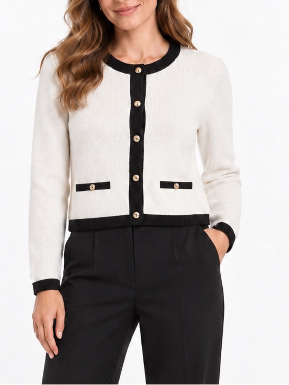 French Connection Womens L Ivory Black Contrast Knit Cardigan Jacket NWT $128